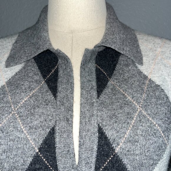 BURBERRY LONDON 100% CASHMERE GRAY ARGYLE SHORT SLEEVE POPOVER SWEATER - EUC - L - Picture 3 of 11